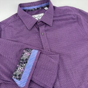 Robert Graham Mens Purple Geometric Textured Classic Fit Skull Cuff Shirt L